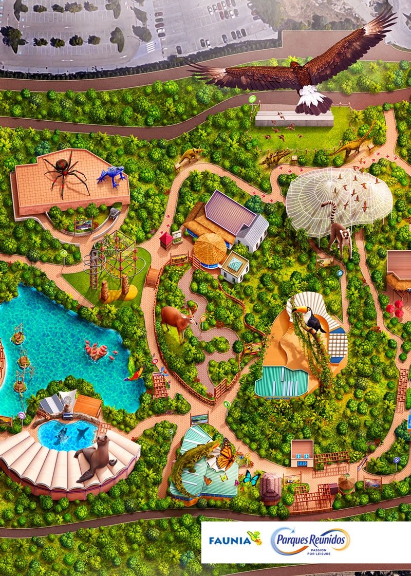 Faunia, Parques Reunidos | Advertising + app illustrated map design